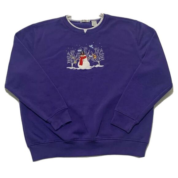 Fleece Pullover Sweatshirt XL Women's Purple Ugly Sweater Snowmen Christmas Crew - Picture 1 of 9